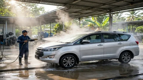 Biaya cuci mobil steam per ukuran 2026: mobil dicuci dengan mesin steam di tempat cuci profesional