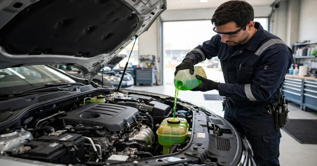 Biaya ganti coolant mobil 2026: mekanik menuang cairan coolant ke radiator mobil di bengkel