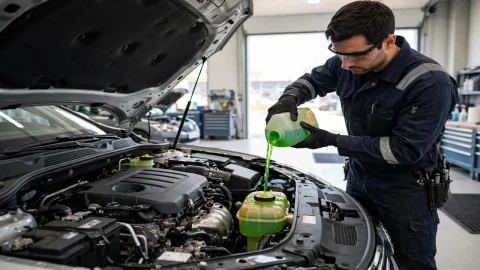Biaya ganti coolant mobil 2026: mekanik menuang cairan coolant ke radiator mobil di bengkel