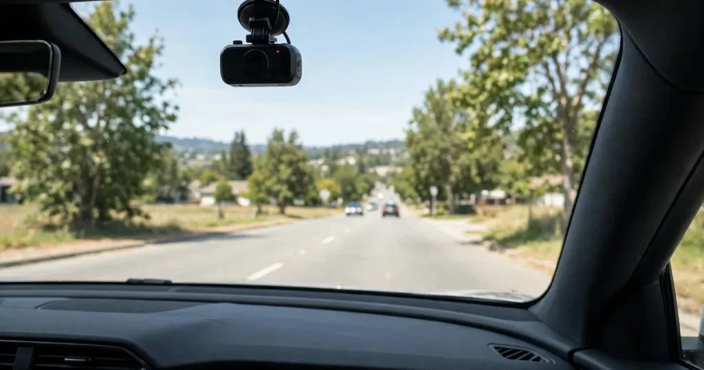 Biaya pasang dashcam mobil 2026: dashcam terpasang di kaca depan mobil
