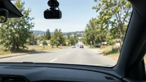 Biaya pasang dashcam mobil 2026: dashcam terpasang di kaca depan mobil